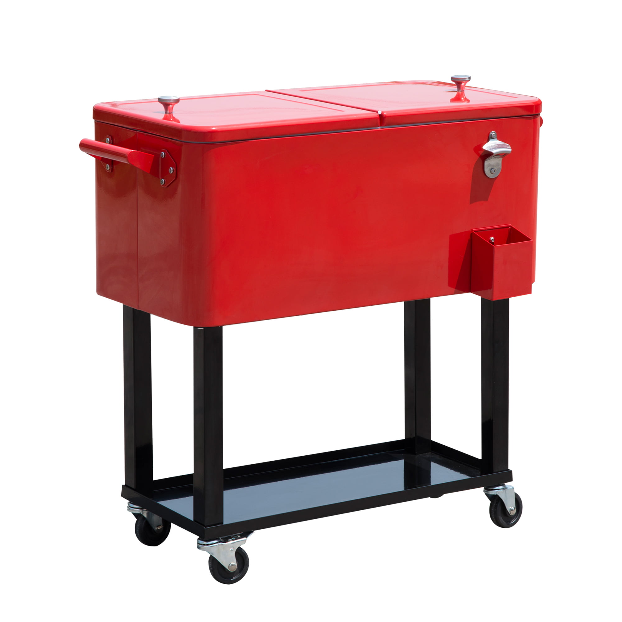 Outsunny 80 QT Rolling Ice Chest Portable Patio Party Drink Cooler Cart - Red. Steel. Outdoor