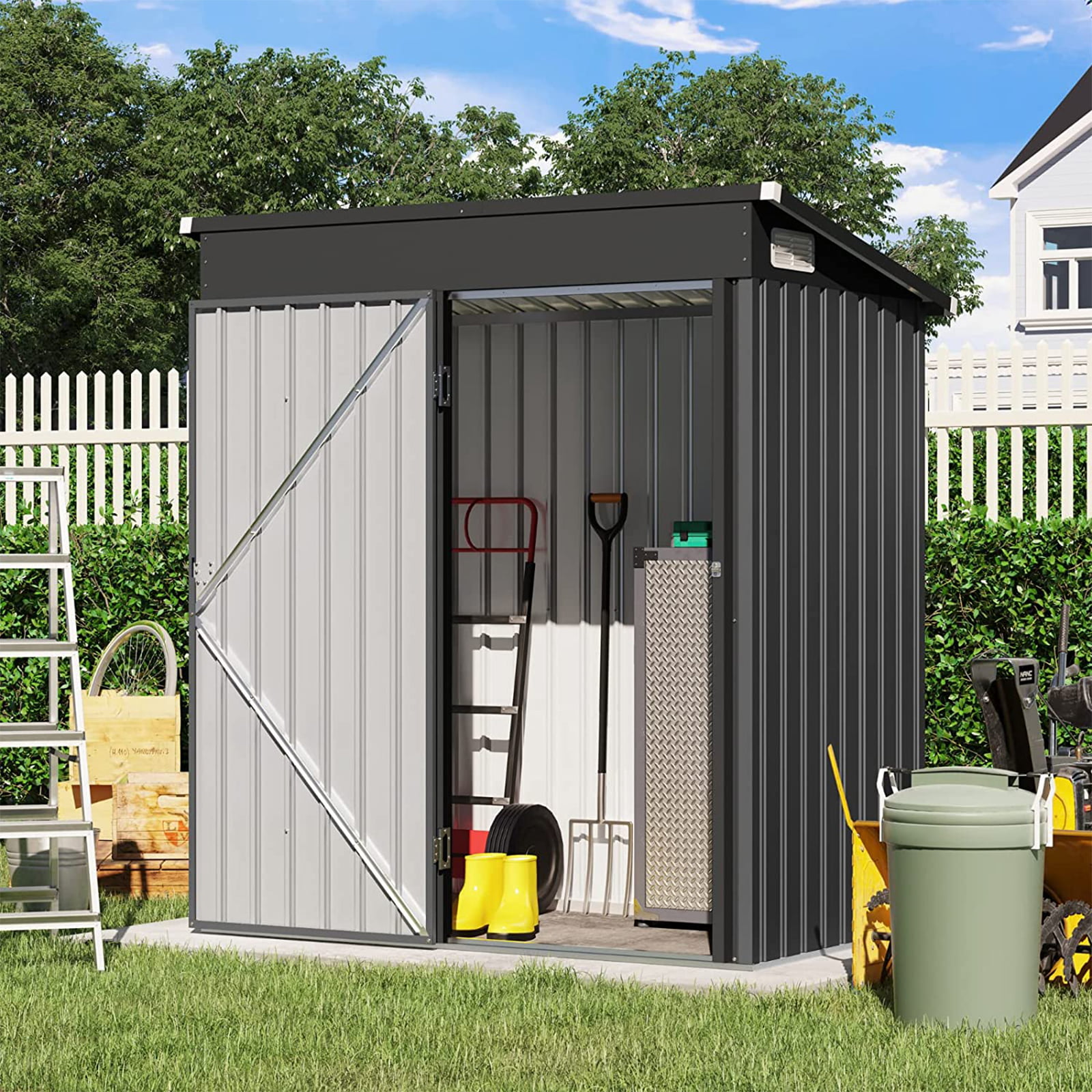 Outdoor Storage Shed. 5-x3′ Small Galvanized Metal Steel Weather Resistant Garden Storage Shed W/Lockable Door. Tool Storage Shed for Backyard Garden Patio Lawn. Black