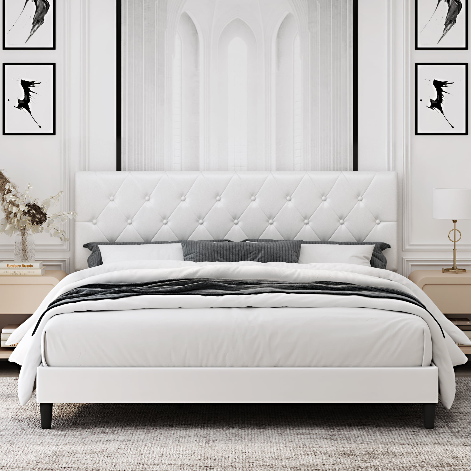 Homfa King Bed Frame. White Faux Leather Upholstered Button Tufted Low Profile