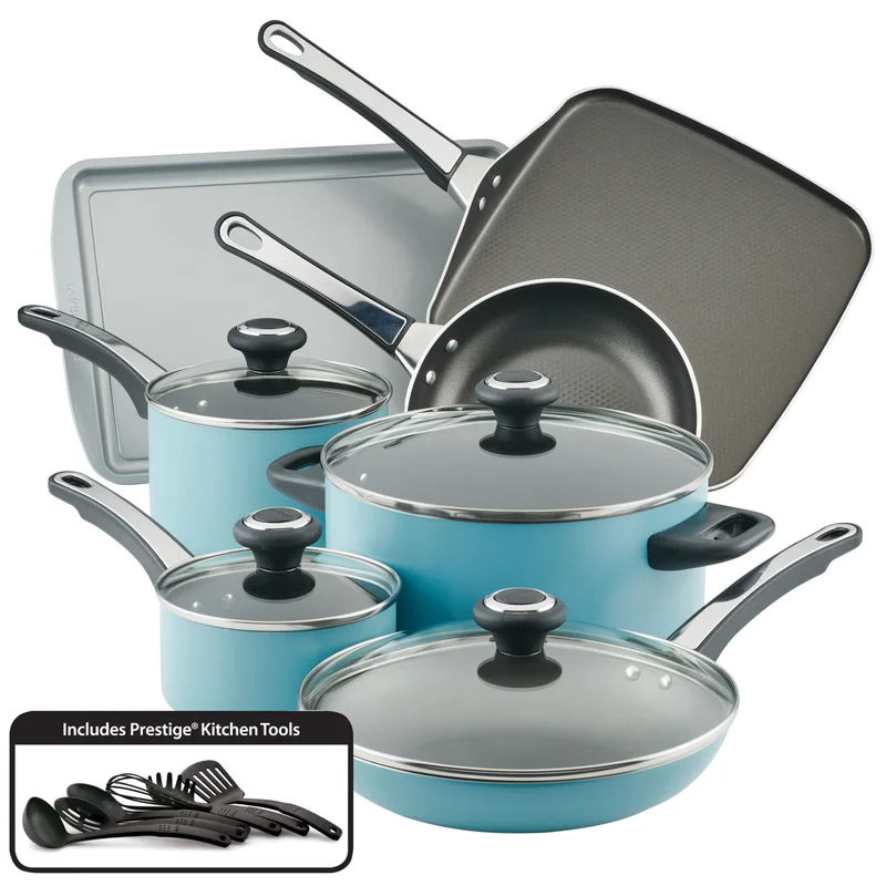 Farberware 21926 High Performance Nonstick Cookware Pots and Pans Set Dishwasher Safe. 17 Piece. Aqua