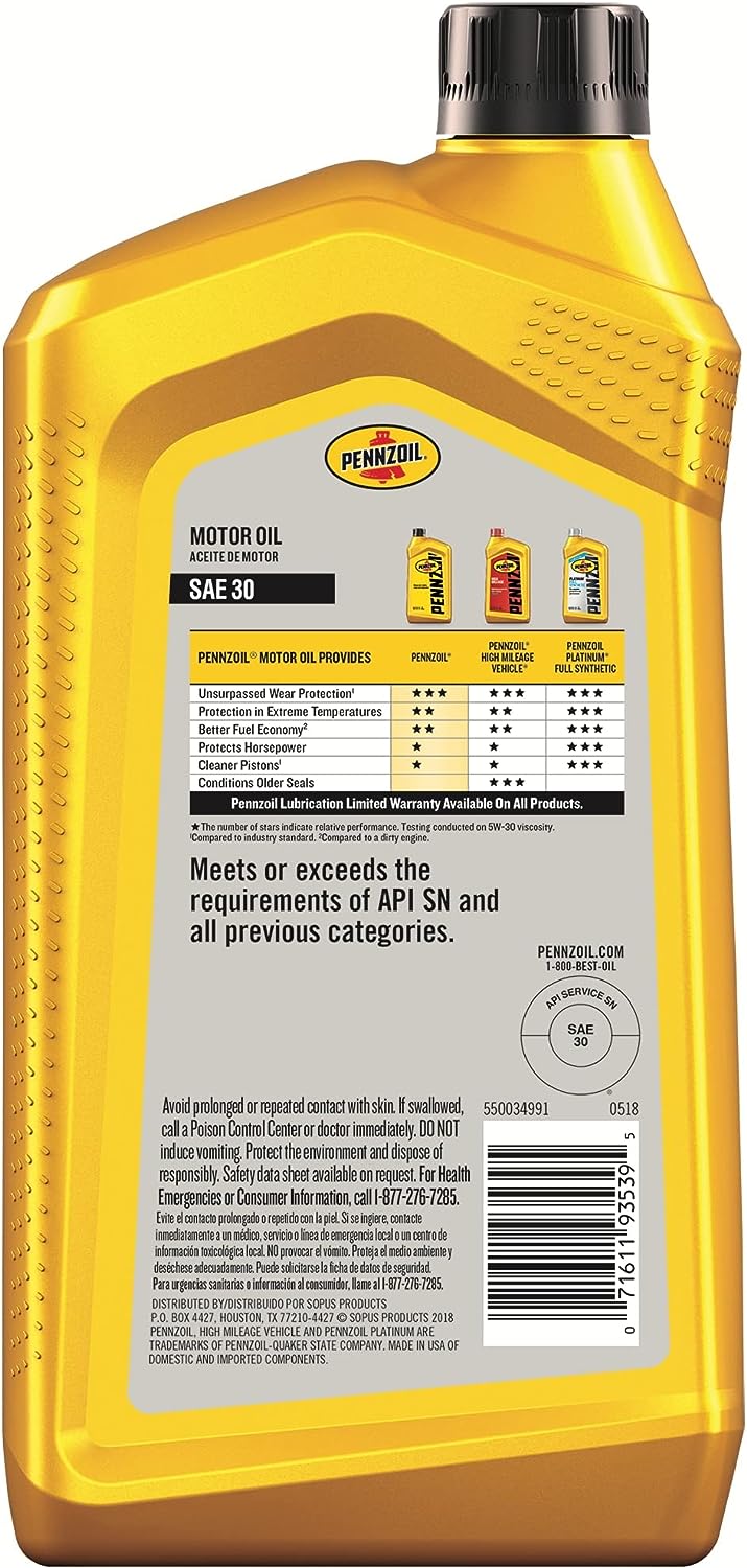 Pennzoil Conventional SAE 30 Motor Oil (1-Quart. Case of 6)