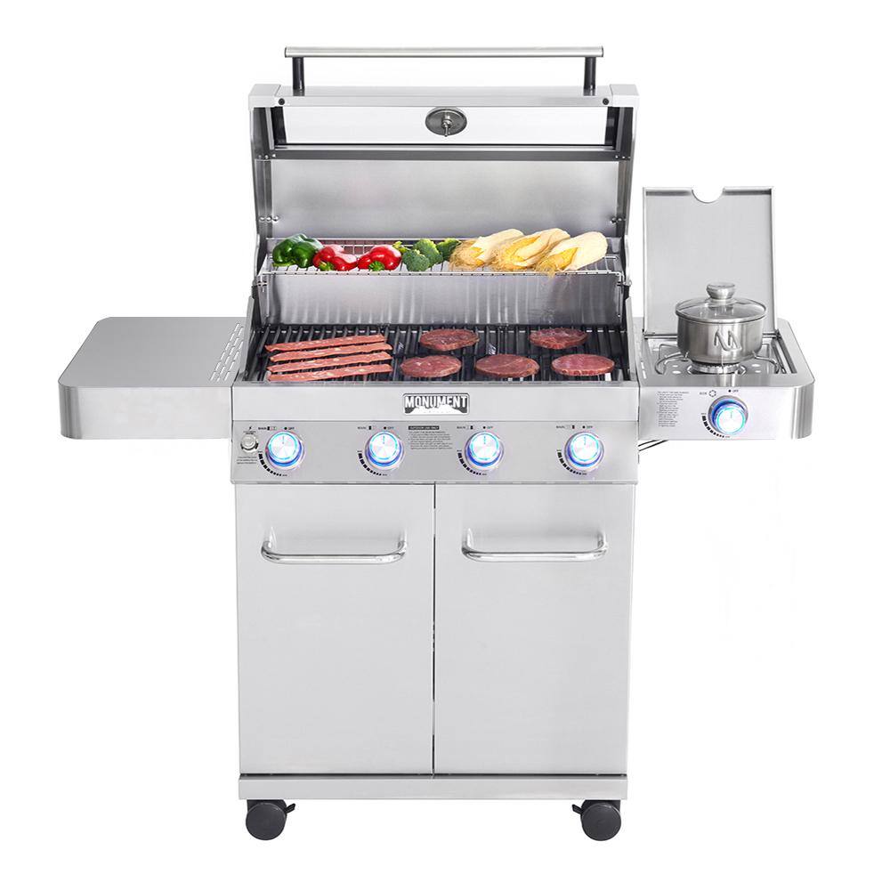 Monument Grills 41847NG 4-Burner Propane Gas Grill in Stainless with Clear View Lid. LED Controls and Side Burner