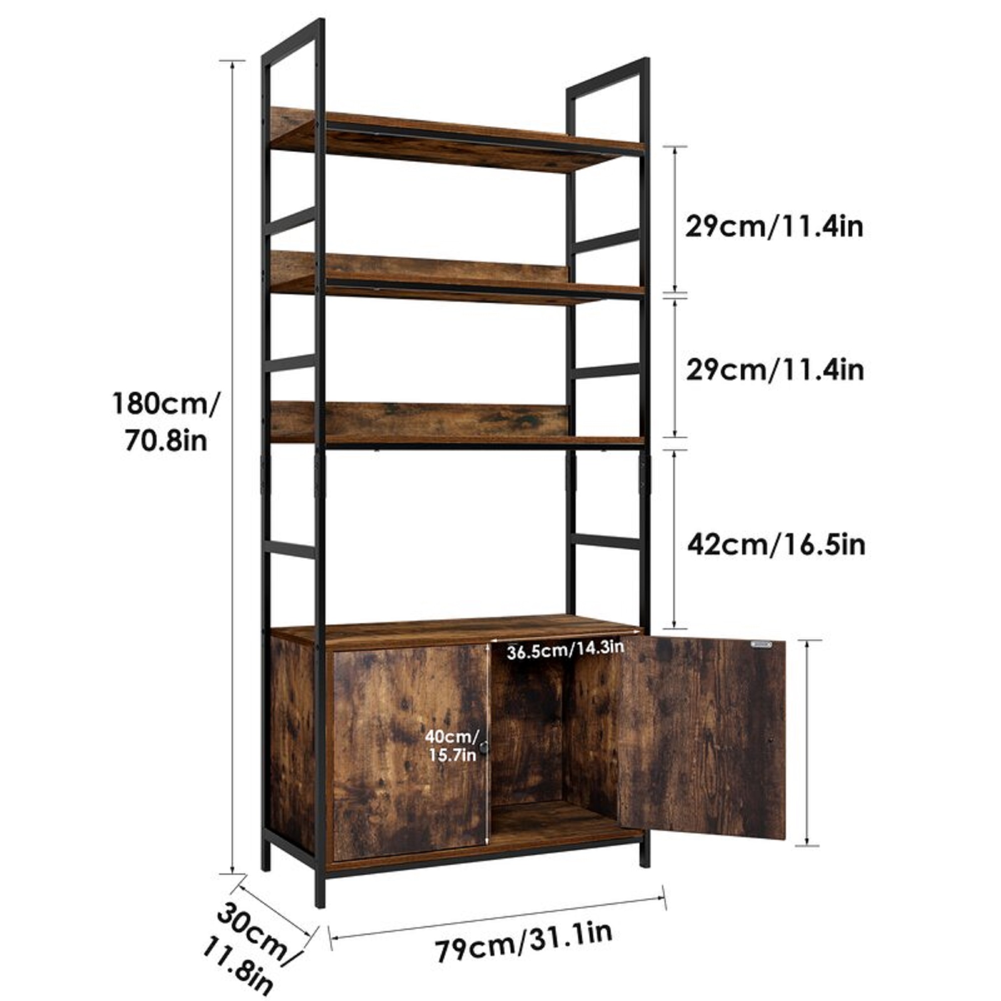 Homfa Bookshelf. 4-Tier Standard Bookcase with Storage Cabinet. Modern Iron Book Shelves Display Shelf with Door for Home Office. Matte Black