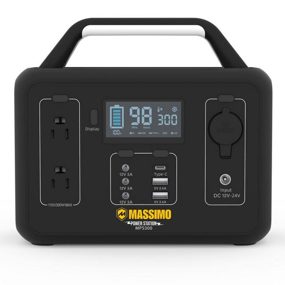 M MASSIMO MOTOR MPS-300W 300-Watt Power Station 9 Ouputs with LED Light Backup Lithium Battery Pure Sine Wave AC Outlet Push Button Start