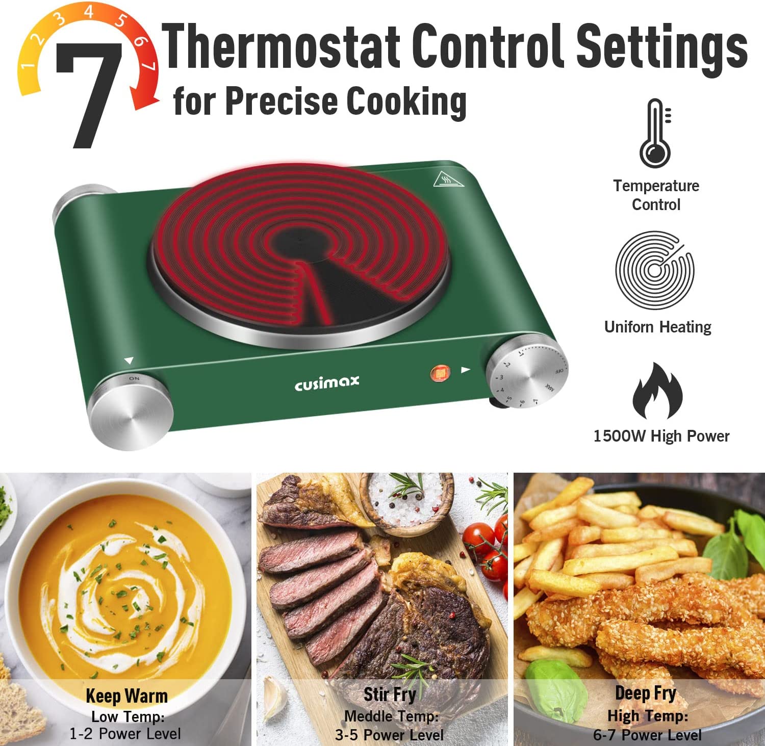 Cusimax Hot Plate Electric Burner. Single Burner Cast Iron hot plates. Portable Burner. Control Stainless Steel Non-Slip. Upgraded Version (Green)
