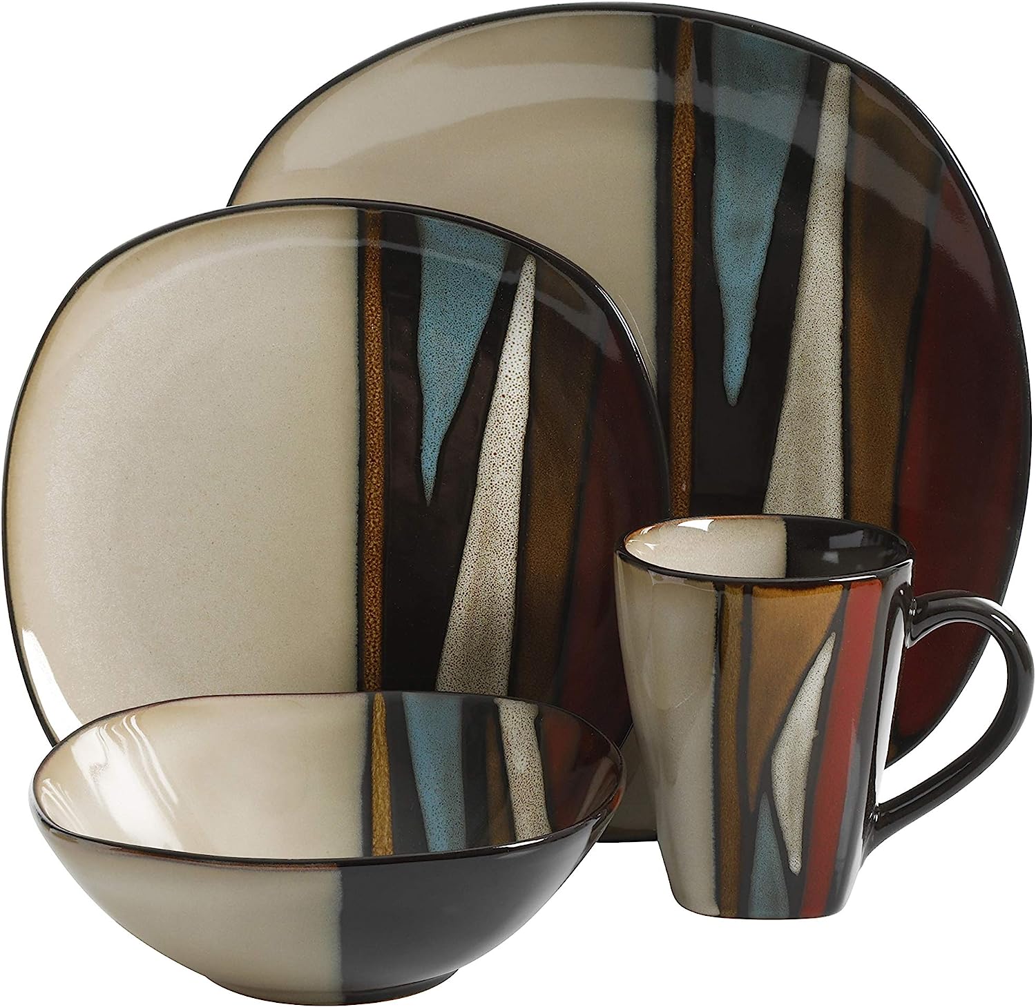 Gibson Elite Volterra Square Reactive Glaze Stoneware Dinnerware Set. Service for 4 (16pcs). Red and Grey