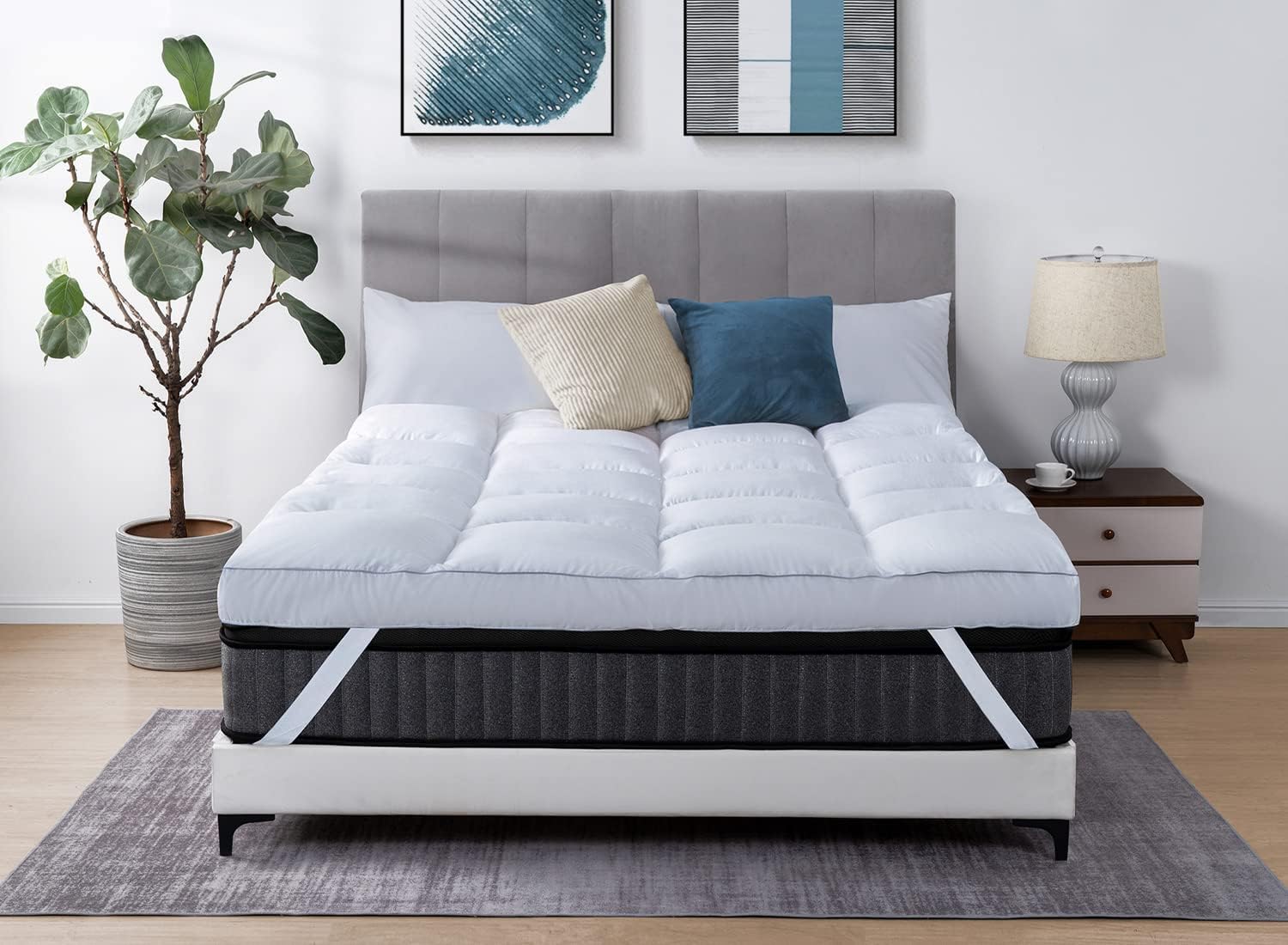 King Mattress Topper. QUEEN ROSE Cooling Bed Cover Size. Plush Quilted Thick Pillowtop with Snow Down Alternative. White Topper Straps Anchor Bands. Cube White