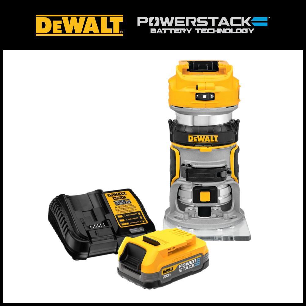 DEWALT DCW600BWP034C 20V MAX XR Cordless Brushless Compact Fixed Base Router and 20V POWERSTACK Compact Battery Starter Kit