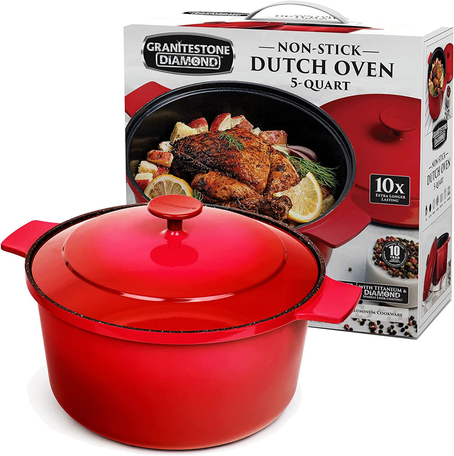Granite Stone 5Qt Dutch Oven Ultra-Durable Mineral & Diamond Nonstick Coating Dutch Oven. Red