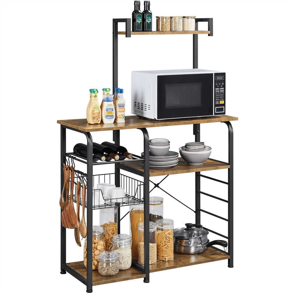 Alden Design 35.5″ Kitchen Storage Shelf Baker-s Rack with 10 Hooks. Rustic Brown