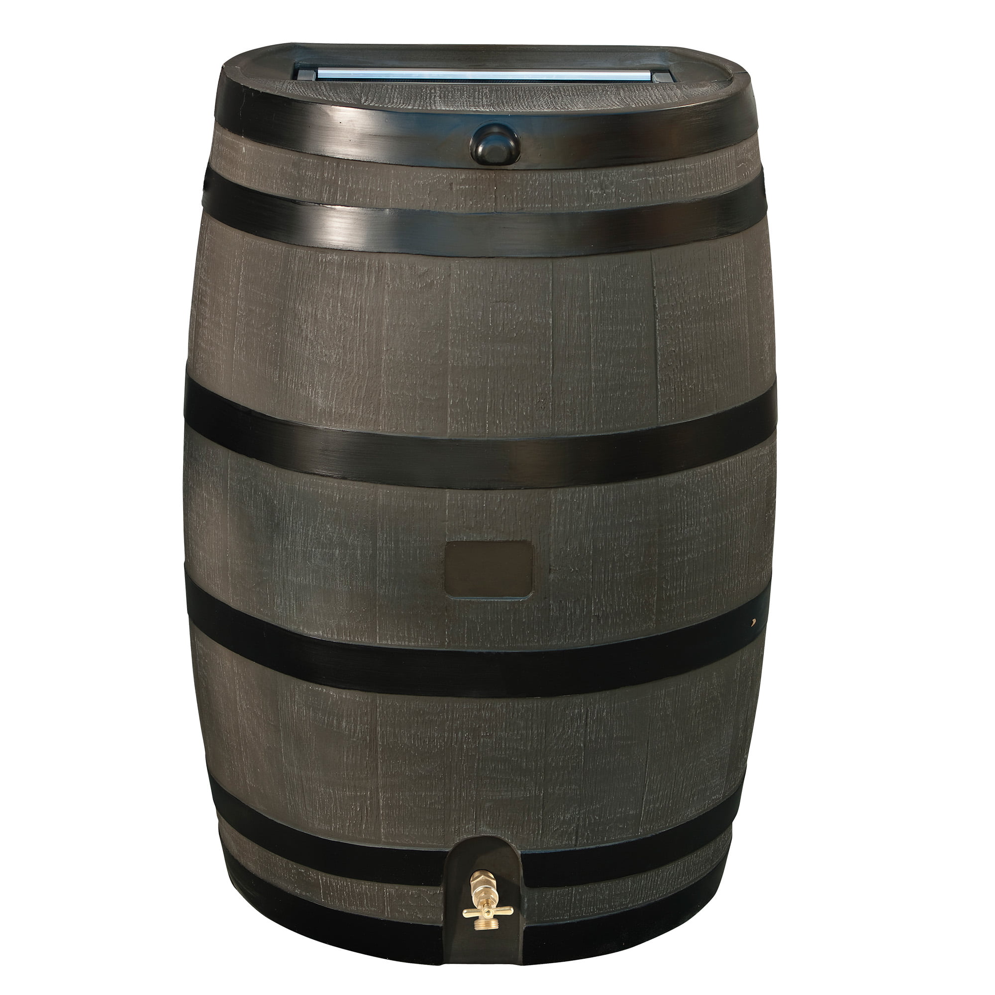 RTS Home Accents Polyethylene 50 Gallon Flat Back Brass Spigot Rain Barrel. Woodgrain with Black Stripes Color