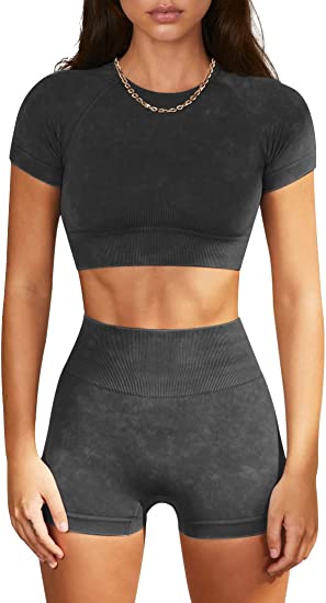 OLCHEE Womens Workout Sets 2 Piece – Seamless Acid Wash Yoga Outfits Shorts and Short Sleeve Crop Top Gym Athletic Clothes
