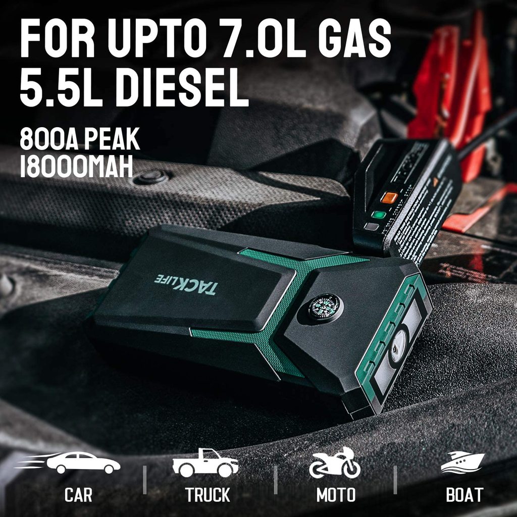 Tacklife 800A Peak 18000mAh Car Jump Starter (up to 7.0L Gas. 5.5L Diesel Engine). 12V Auto Battery Booster.T8 Green