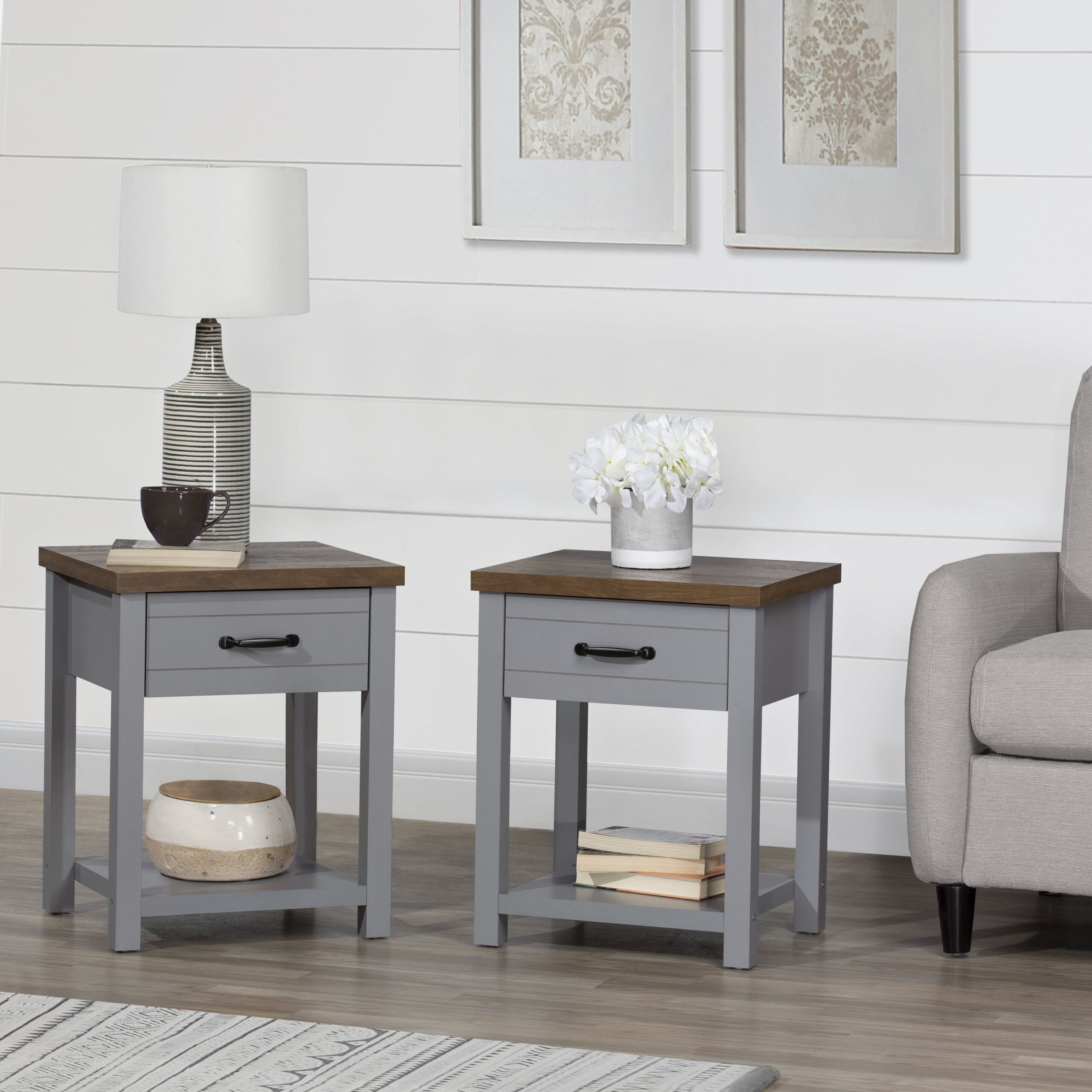 Lancaster Farmhouse Oak Top 1 Drawer Nightstand. Set of 2. Gray