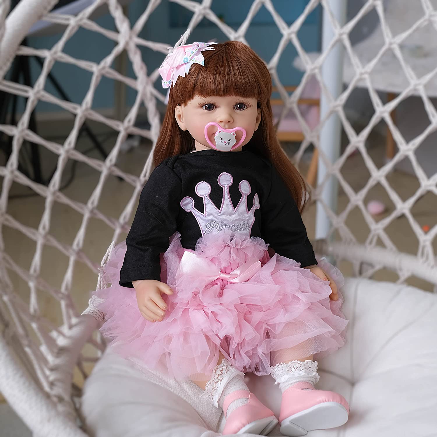 Anano Reborn Baby Dolls 24 inches Realistic Toddler Girl Dolls. (Pink Crown)