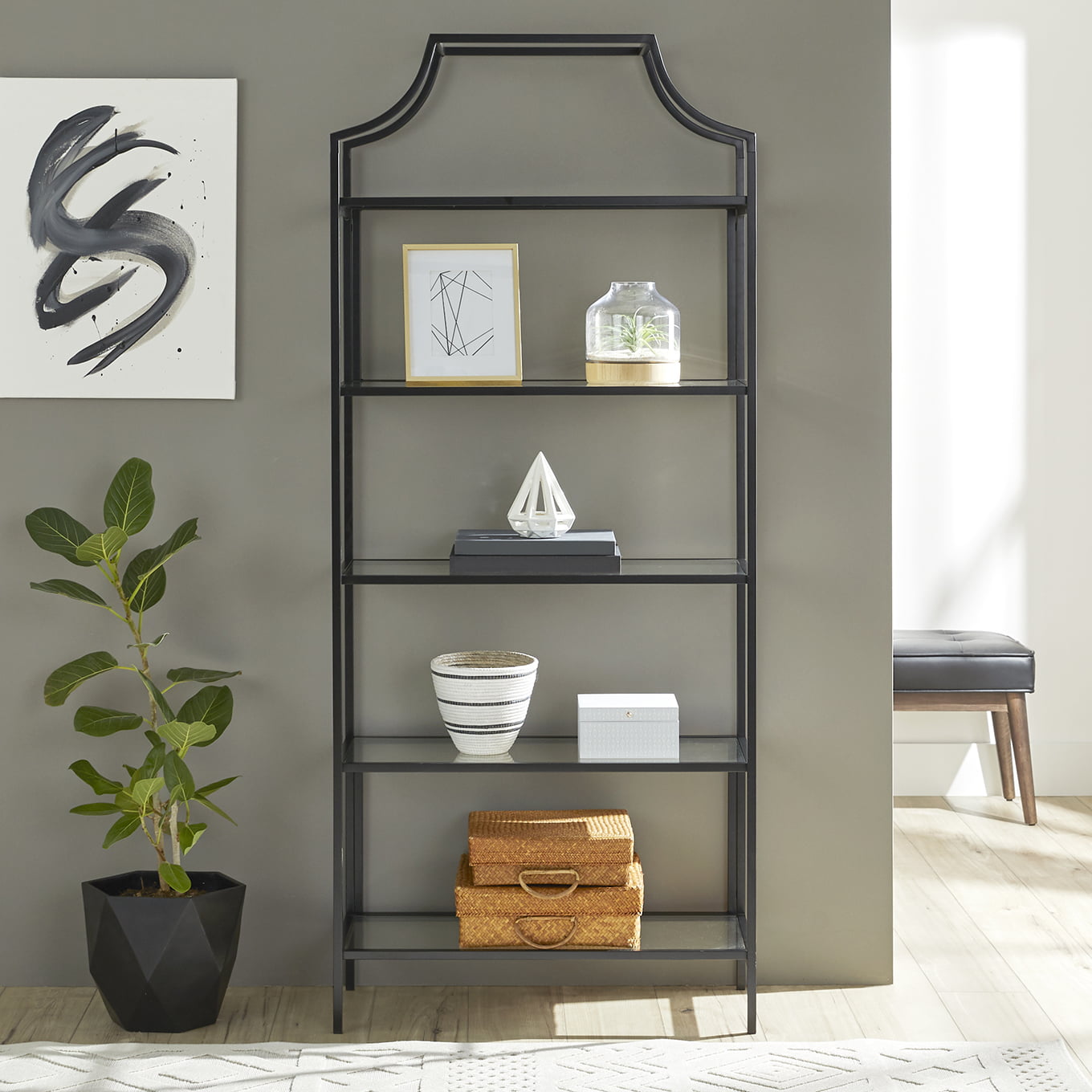 Better Homes & Gardens 71″ Nola 5 Tier Etagere Bookcase. Black Finish