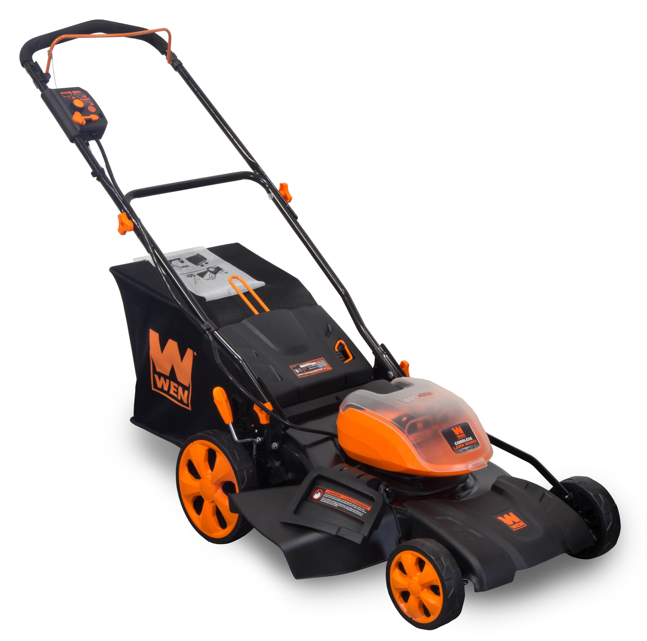 WEN 40V Max Lithium Ion 19-Inch Cordless 3-in-1 Lawn Mower with Two Batteries. 16-Gallon Bag and Charger