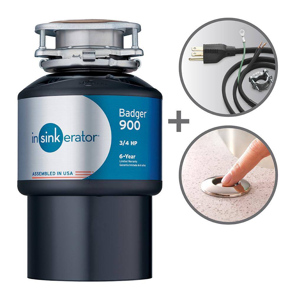 InSinkErator BADGER 900L&L W/CRD-00 & STS-00SN Badger 900 Lift & Latch Power Series 3/4 HP Continuous Feed Garbage Disposal w/ Power Cord & Air Switch in Satin Nickel
