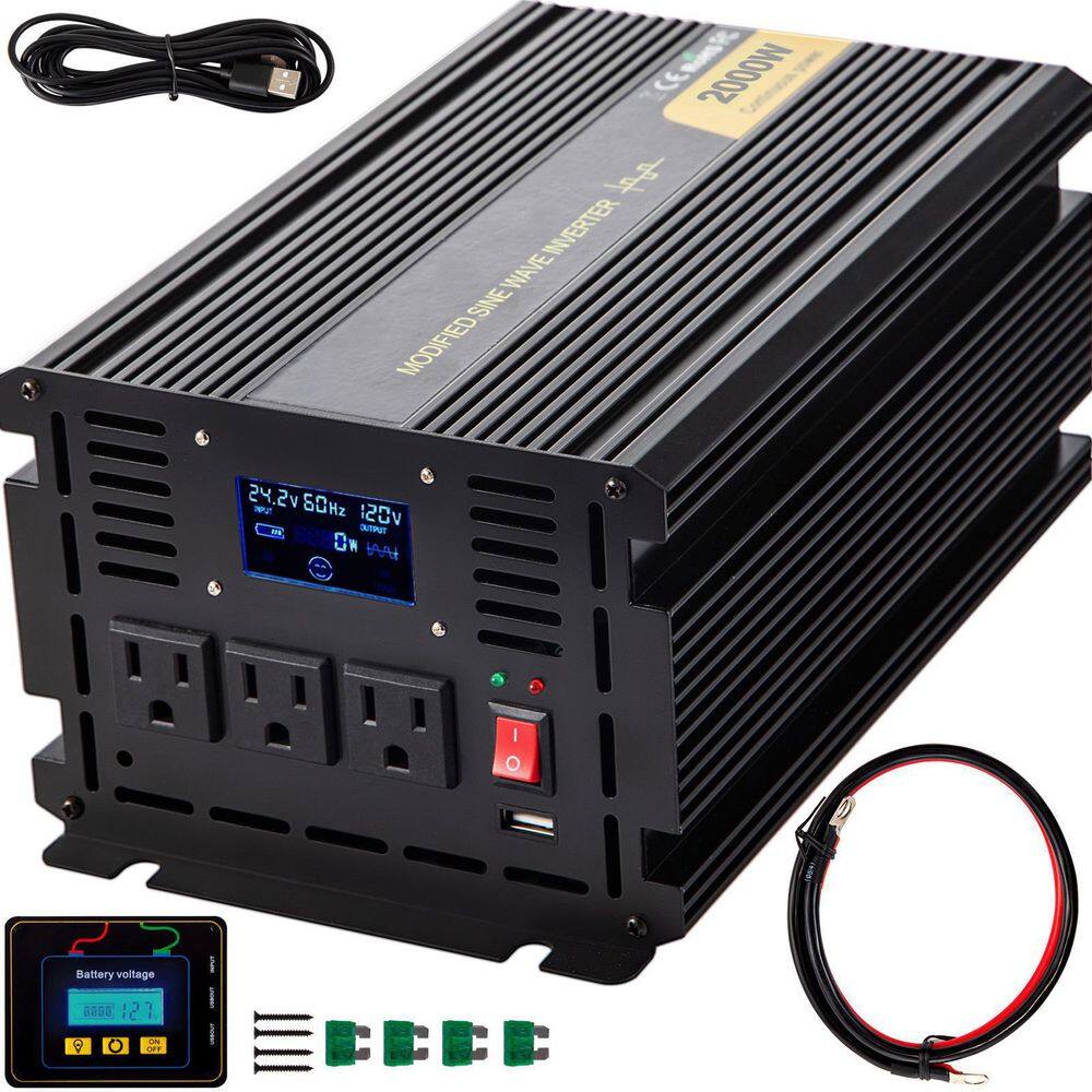 VEVOR ZNB2KW-24-120Y3B5V9 Car Power Converter 2000-Watt Modified Sine Wave Inverter DC 24-Volt to AC 120-Volt with LCD Display Remote Controller
