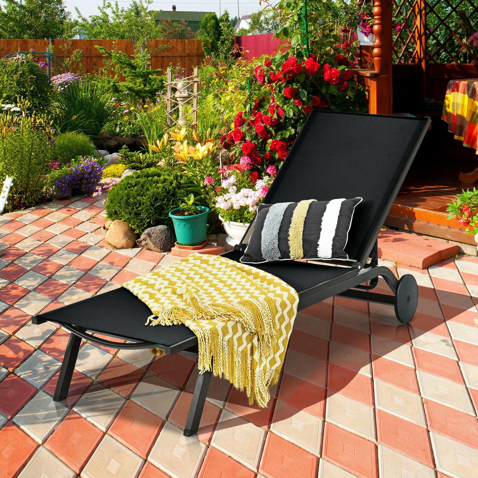 Clihome Patio Lounge Chair Aluminum Metal Frame Stationary Chaise Lounge Chair(s) with Black Premium Fabric Sling Seat