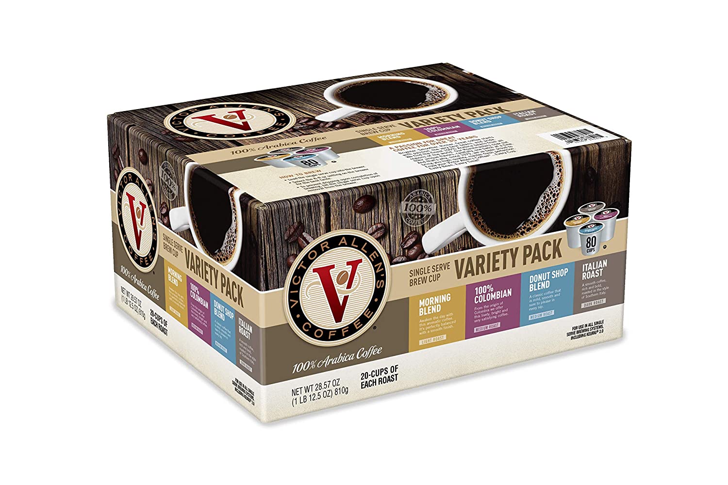 Victor Allen-s FG015871 80 Count Single Serve Cup Variety Pack of Morning Blend. 100% Colombian. Donut Shop and Italian Roast (Compatible with 2.0 Keurig Brewers)
