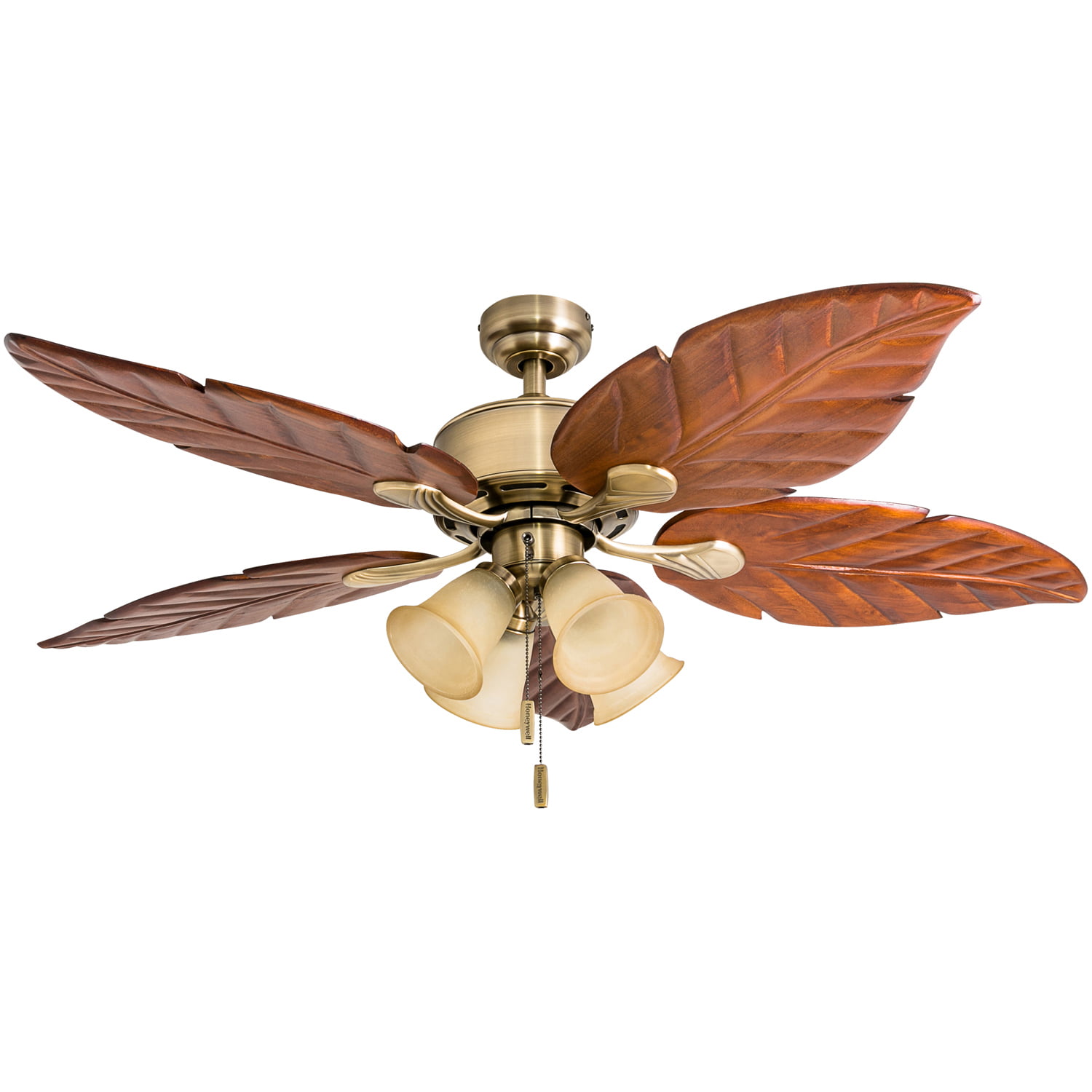 Prominence Home Royal Palm 52″ Aged Brass Tropical Ceiling Fan with 5 Hand Carved Wood Blades. 4 Arm Light Kit. Remote & Reverse Airflow