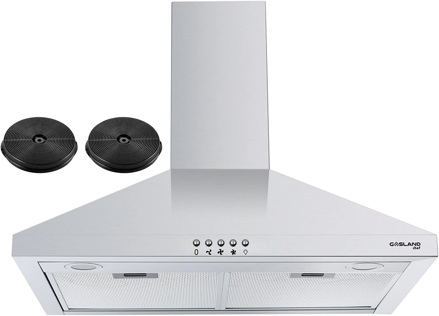 GASLAND 30″ Range Hood. GASLAND Chef PR30SP Wall Mount Range Hood with LED light. 450 CFM Ducted Vent Hood. 3 Speed Exhaust Hood Fan. Button Control. Chimney Style. Aluminum Filter. Stainless Steel