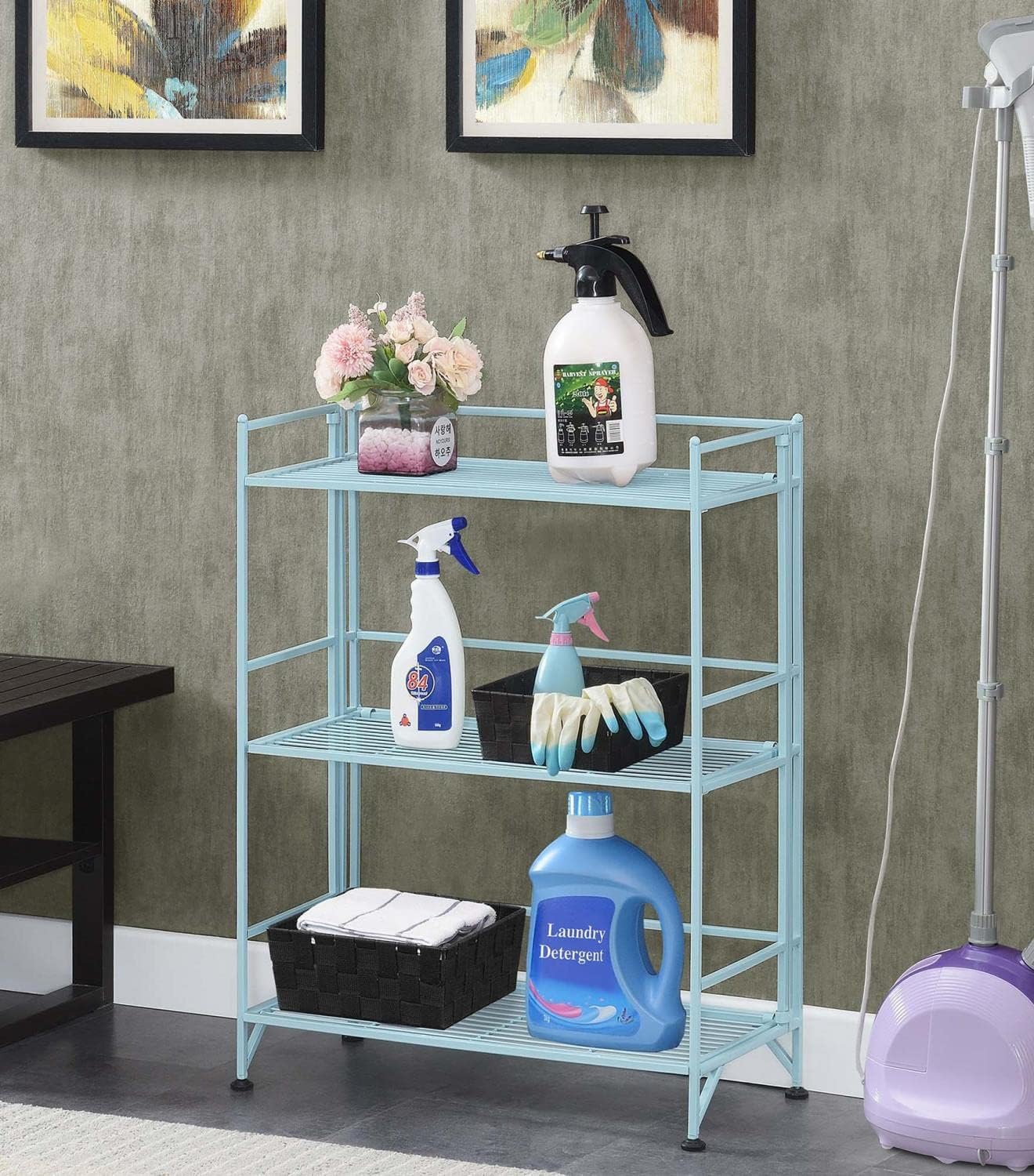 Convenience Concepts Xtra Storage Shelves-3-Tier Wide Folding Metal. Modern Shelves Display in Living Room. Bathroom. Office. Kitchen. Garage. Sea Foam