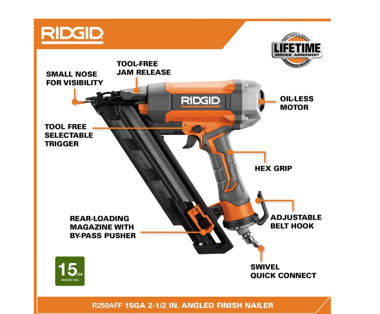 RIDGID R250AFF Pneumatic 15-Gauge 2-1/2 in. Angled Finish Nailer with CLEAN DRIVE Technology. Tool Bag. and Sample Nails