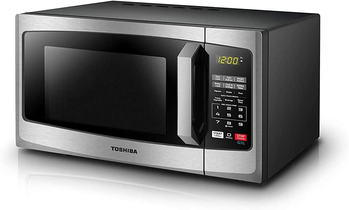 TOSHIBA EM925A5A-SS Countertop Microwave Oven. 0.9 Cu Ft With 10.6 Inch Removable Turntable. 900W. 6 Auto Menus. Mute Function & ECO Mode. Child Lock. LED Lighting. Stainless Steel