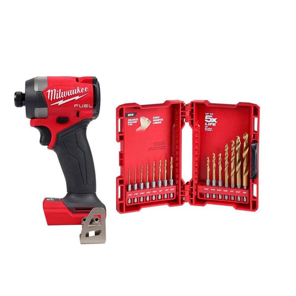 Milwaukee 2953-20-48-89-4630 M18 FUEL 18V Brushless Cordless 1/4 in. Hex Impact Driver (Tool-Only) W/SHOCKWAVE Titanium Drill Bit Set (15-Piece)