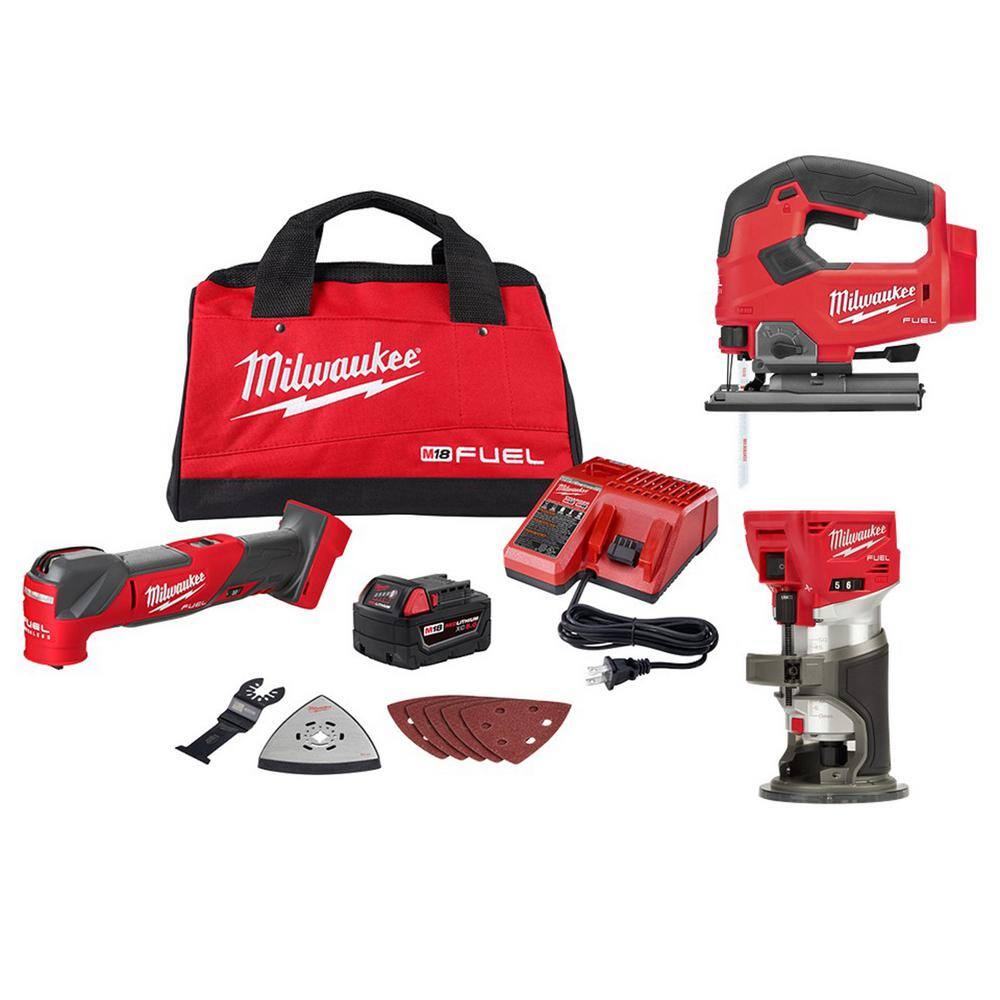 Milwaukee 2836-21-2723-20-2737-20 M18 FUEL 18V Lithium-Ion Cordless Brushless Oscillating Multi-Tool Kit With FUEL Compact Router and Jigsaw