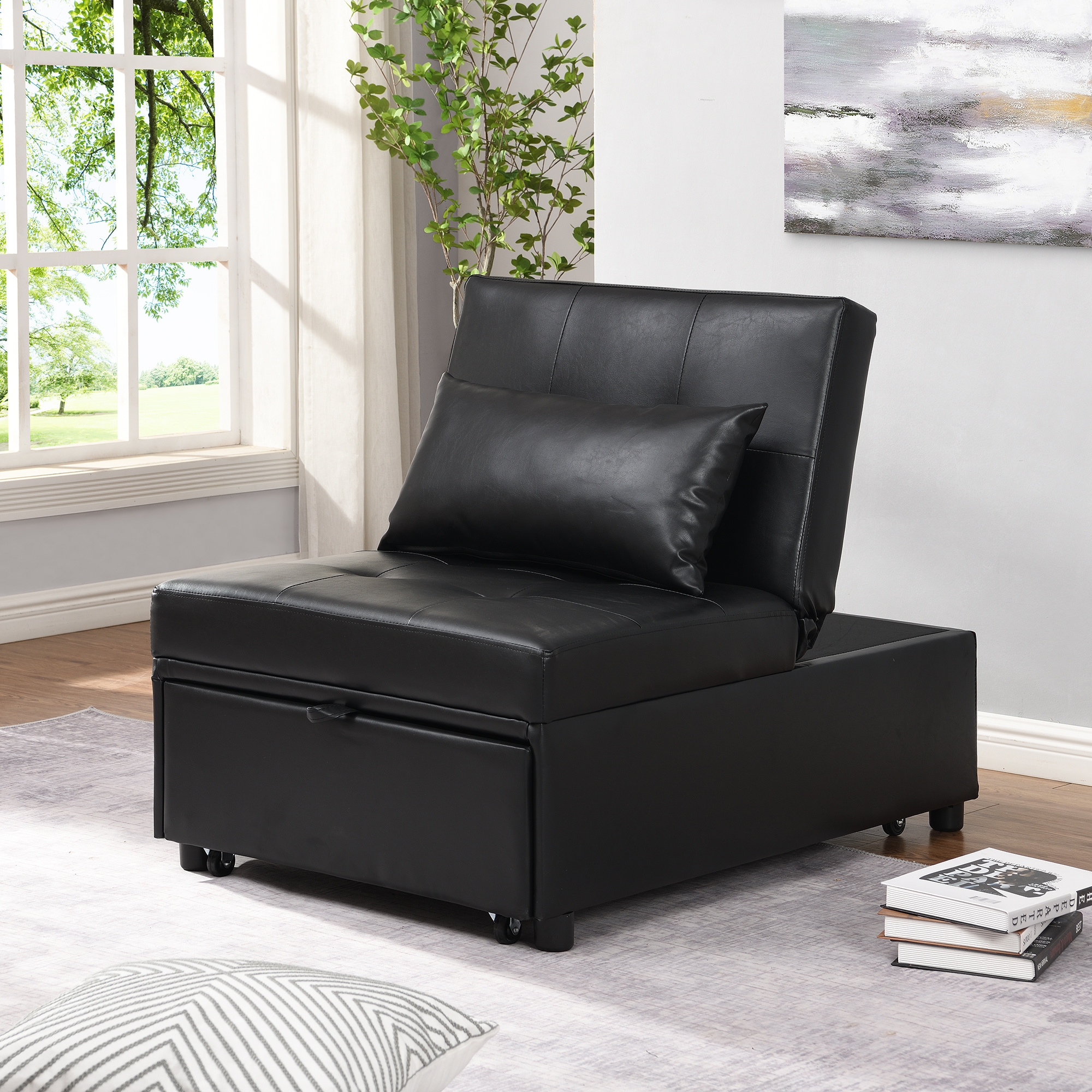 Faux Leather Folding Ottoman Sofa Bed. Modern Small Sleeper Convertible Chair Bed for Small Space. Apartment