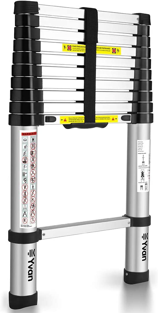Yvan ‎TL-S180002 Telescoping Ladder. 10.5 FT One Button Retraction Aluminum Telescopic Extension Extendable Ladder.Slow Down Design Multi-Purpose Compact Ladder for Household Daily or Hobbies.250 Lb Capacity