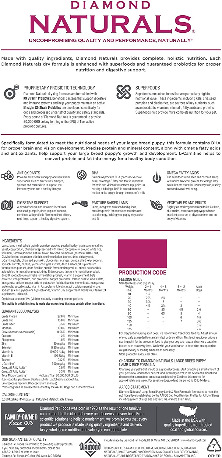 Diamond Naturals Dry Food for Puppy. Large Breed Lamb and Rice Formula. 40 Pound Bag