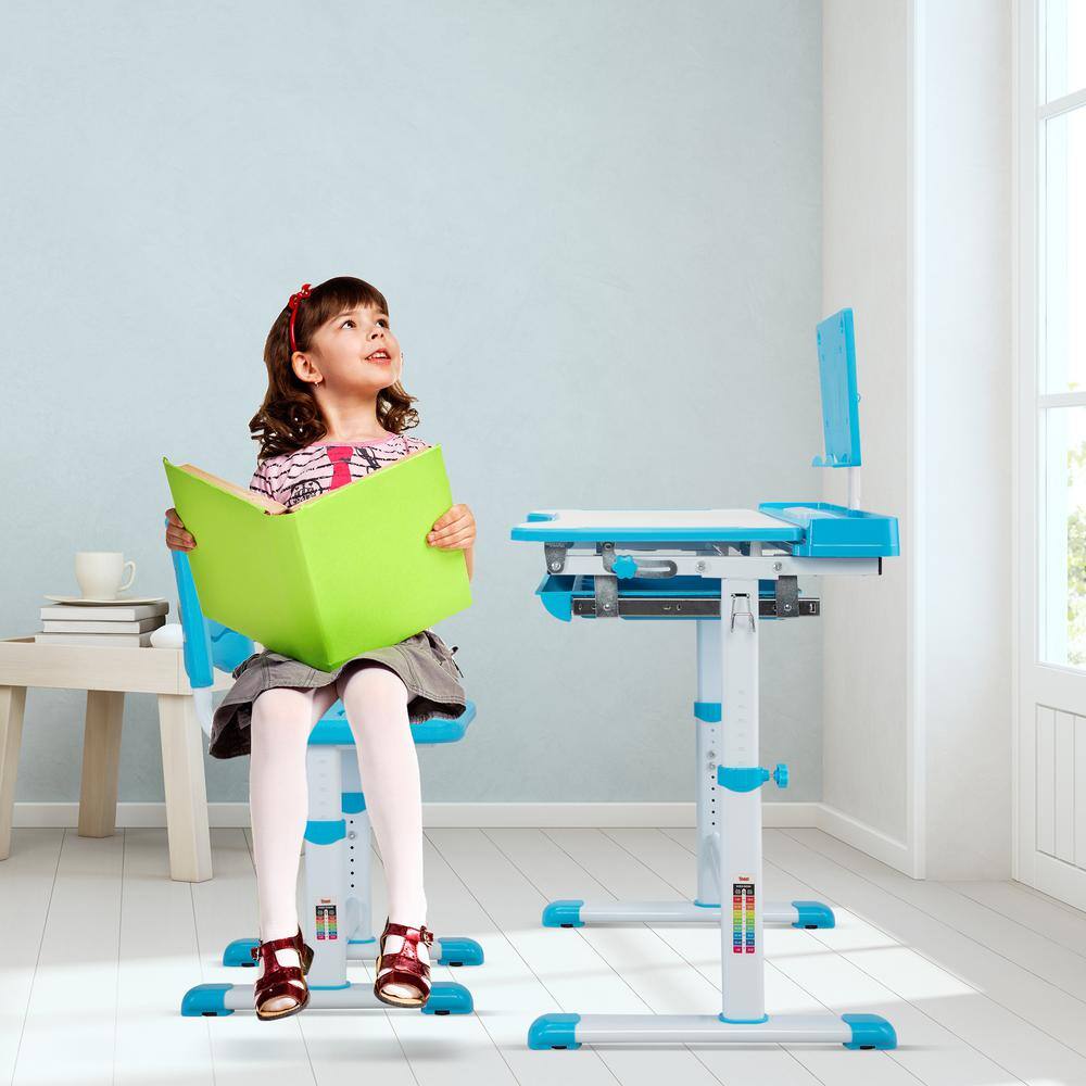 TOBBI TH17T0764 Kids Functional Height Adjustable Desk and Chair Set with Tilted Desktop.Book Stand and Drawer