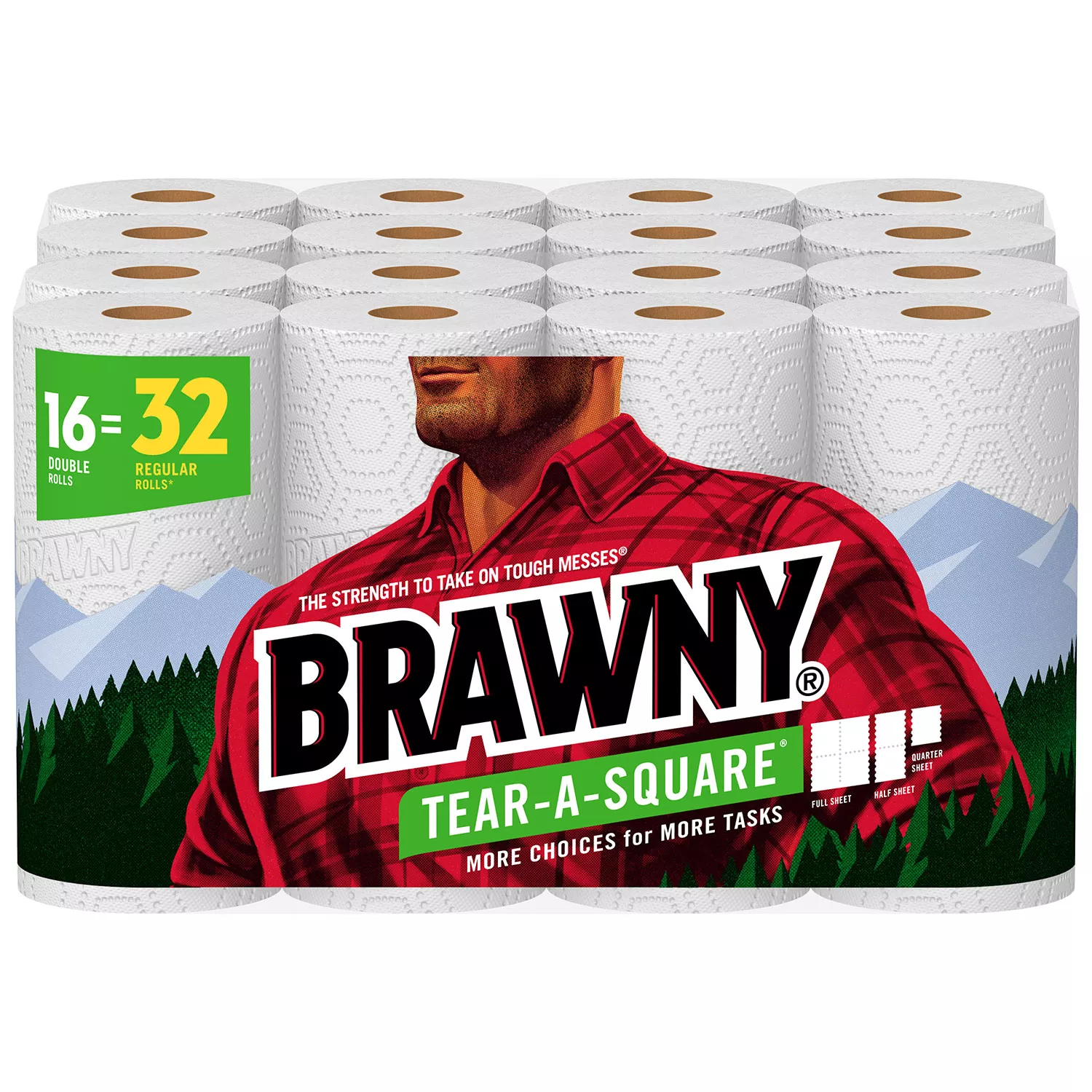 Brawny Tear-A-Square Paper Towels. 16 Double Rolls (120 2-ply sheets/roll. 16 rolls)