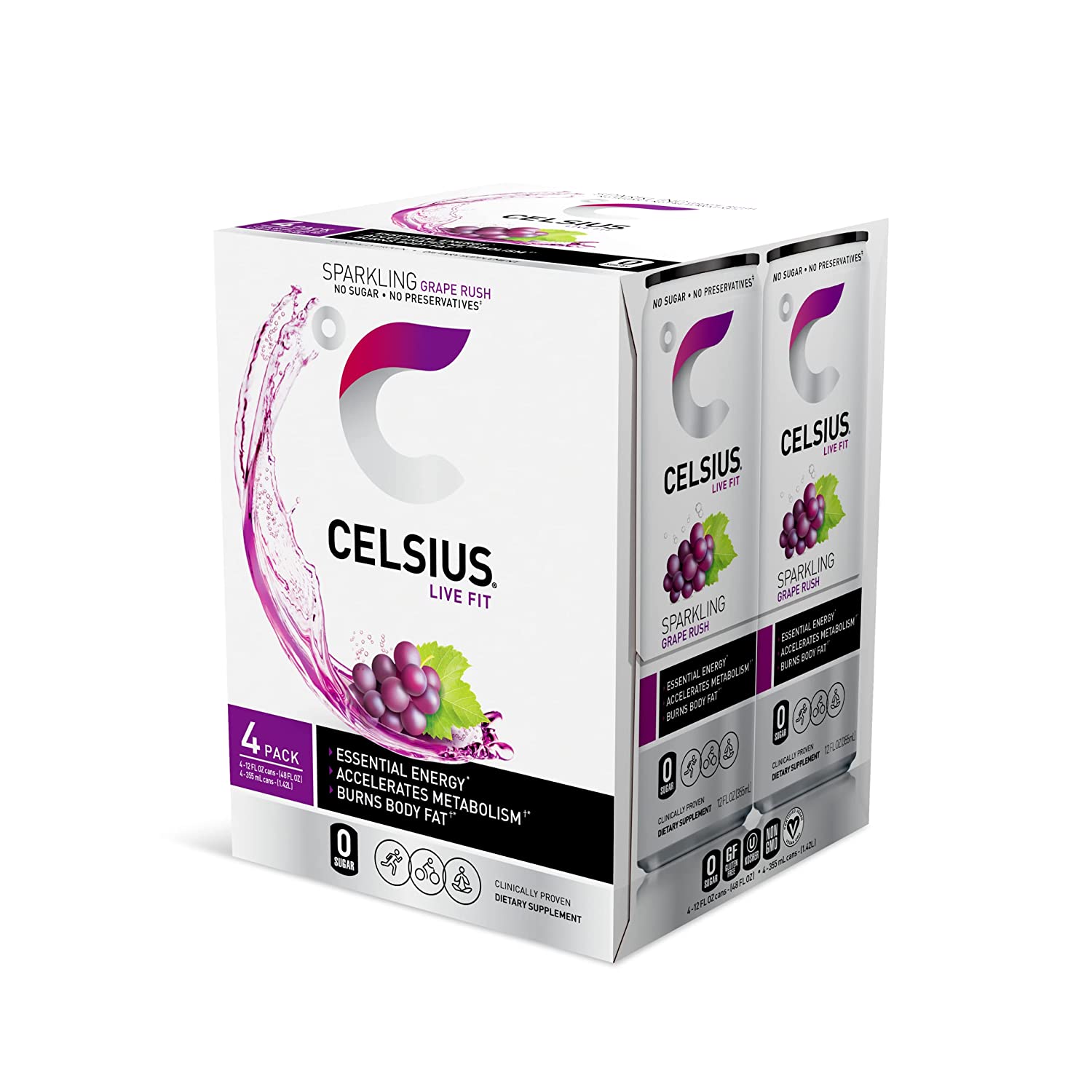 CELSIUS Essential Energy Drink . Sparkling Grape Rush . 12 Fl Oz (Pack of 24)