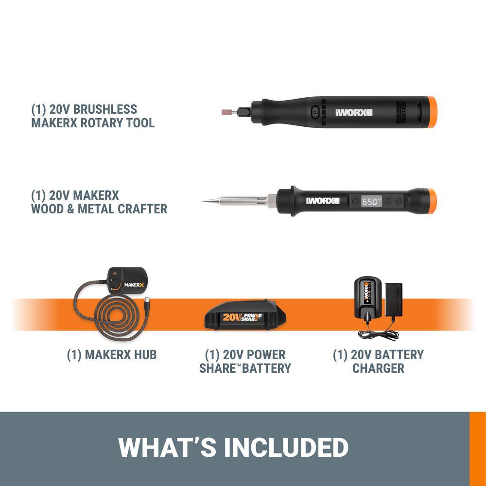 Worx WX988L MakerX 20-Volt Cordless Rotary Tool Kit with Wood and Metal Crafter and 54 Accessories (Battery and Charger Included)
