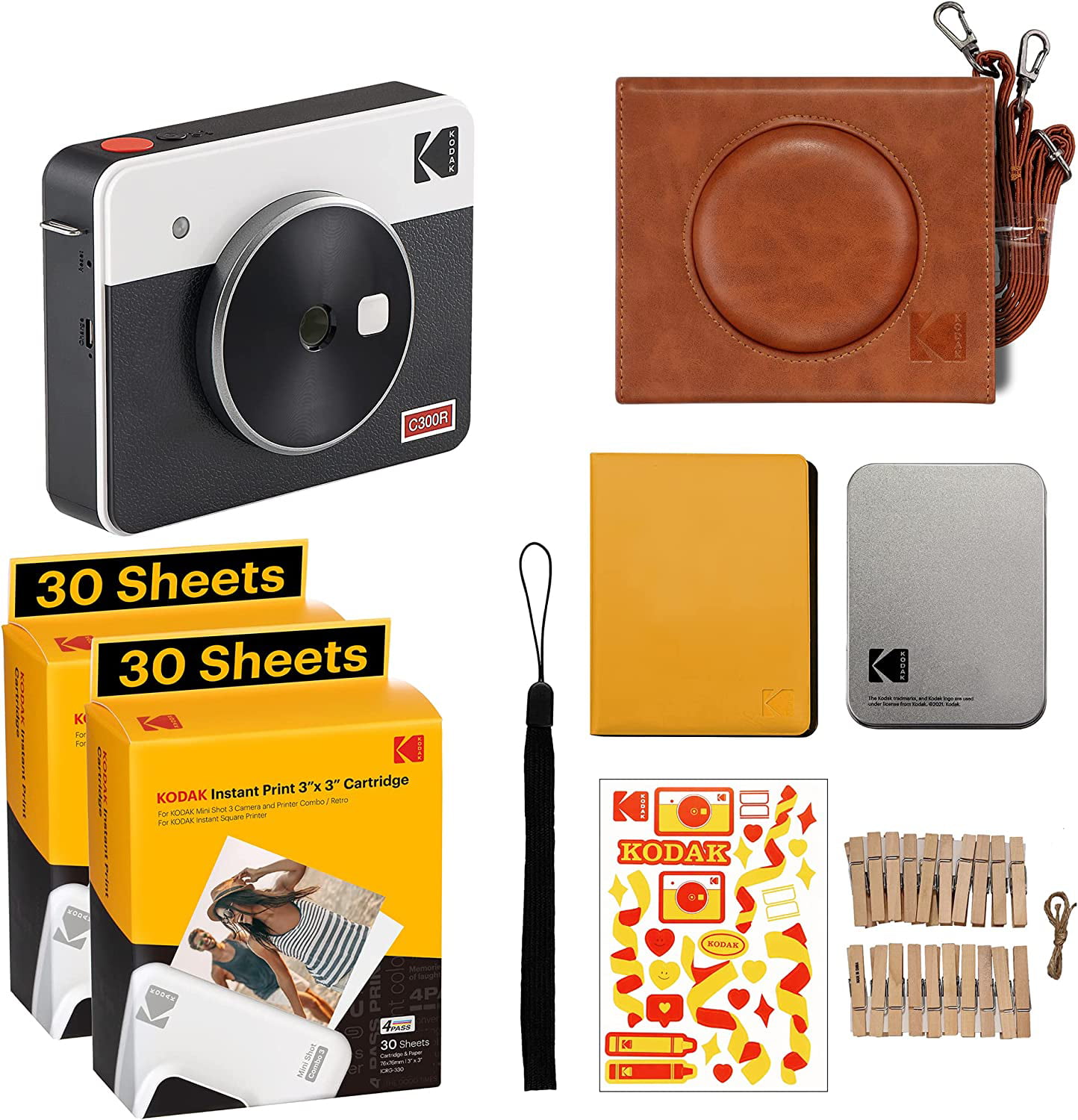 KODAK Mini Shot 3 Retro 4PASS 2-in-1 Instant Camera and Photo Printer (3×3 Inches) + 68 Sheets Gift Bundle. White