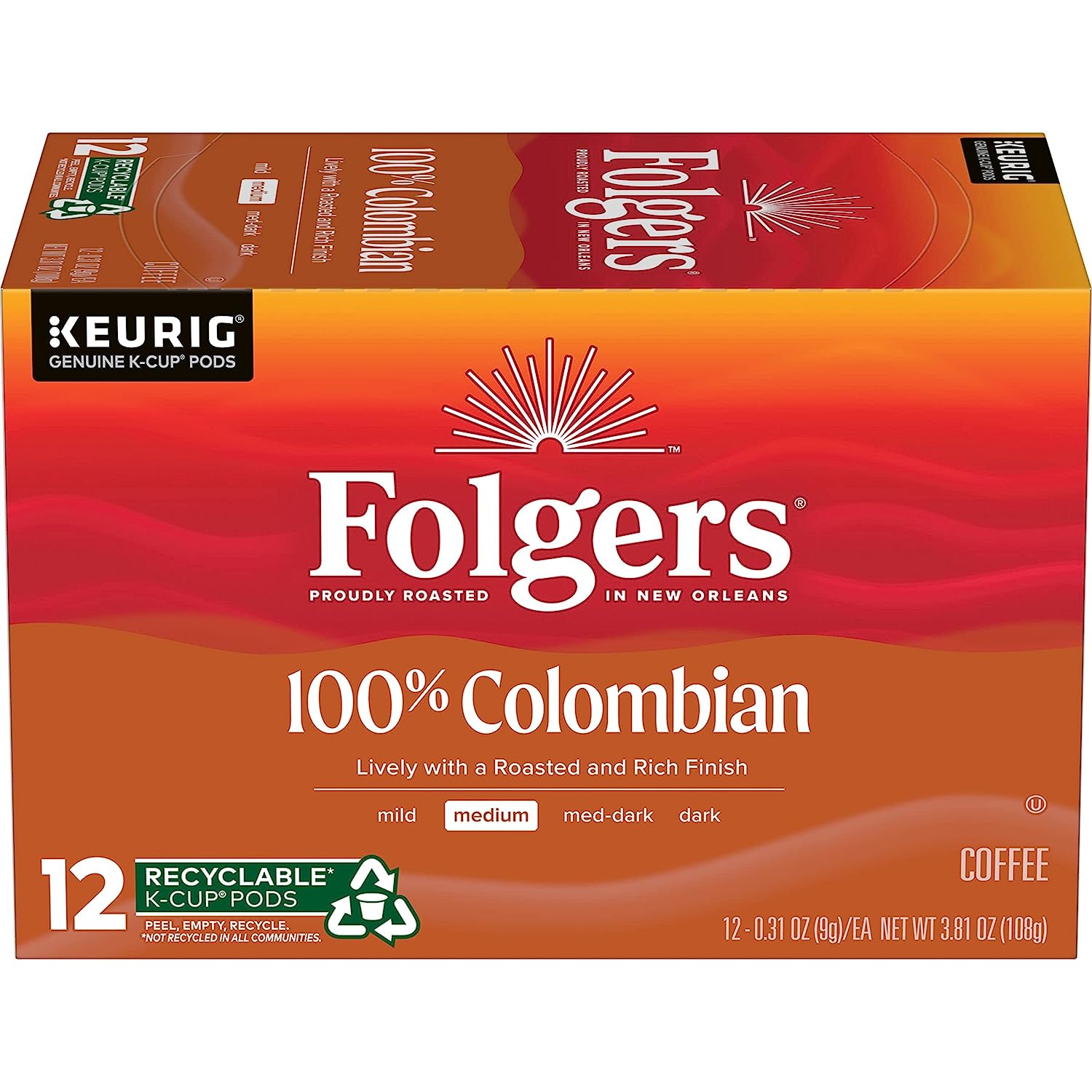 Folgers 100% Colombian Medium Roast Coffee. 72 Keurig K-Cup Pods