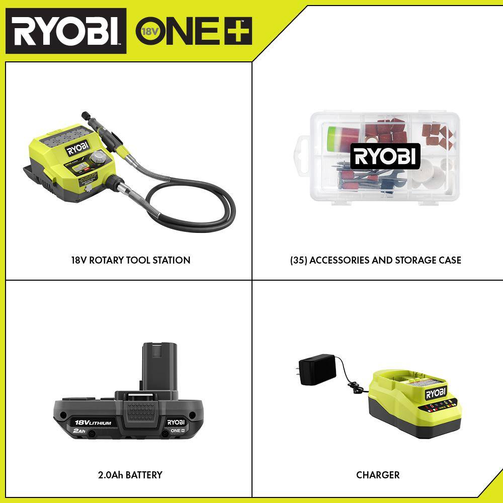RYOBI PCL480K1 ONE+ 18V Cordless Rotary Tool Station Kit with 2.0 Ah Battery and Charger