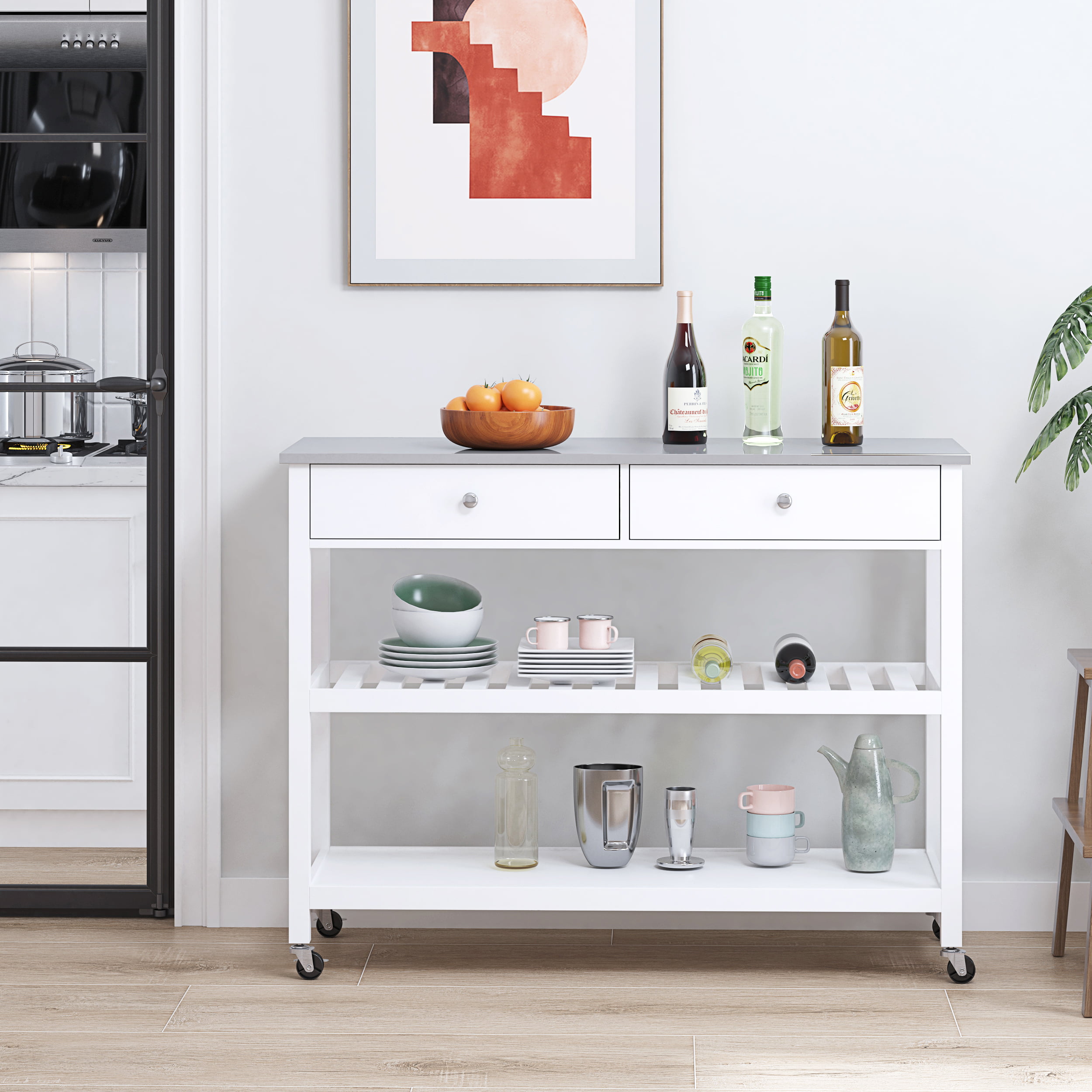 Redmon Mobile Kitchen Island With Two Large Open Shelves. Two Drawer. Stainless Steel Top. White Finish