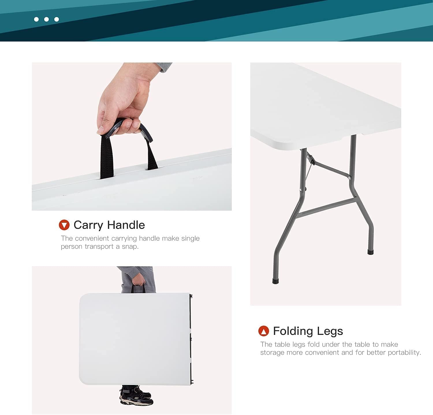 FDW Folding Tables. Plastic 6ft Folding Table.Half Portable Foldable Table for Parties. Backyard Events.White