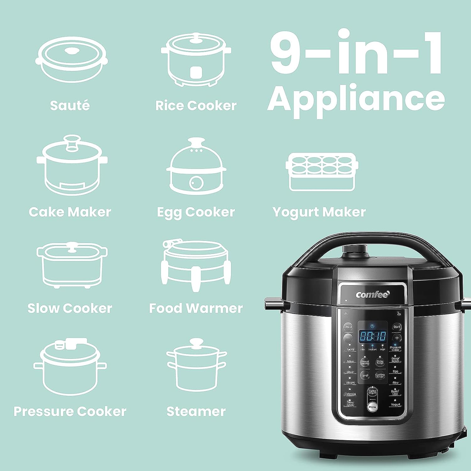 COMFEE' Pressure Cooker 6 Quart with 12 Presets. Multi-Functional Programmable Slow Cooker. Rice Cooker. Steamer. Sauté pan. Egg Cooker. Warmer and More