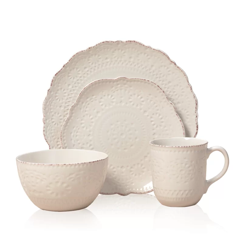 Pfaltzgraff 5143149 Chateau Cream 16-Piece Stoneware Dinnerware Set. Service for 4. Off White