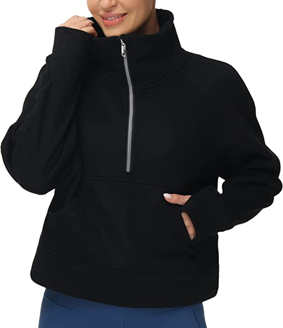 Women's Half Zip Pullover Sweatshirt Fleece Stand Collar Crop Sweatshirt with Pockets Thumb Hole. Black