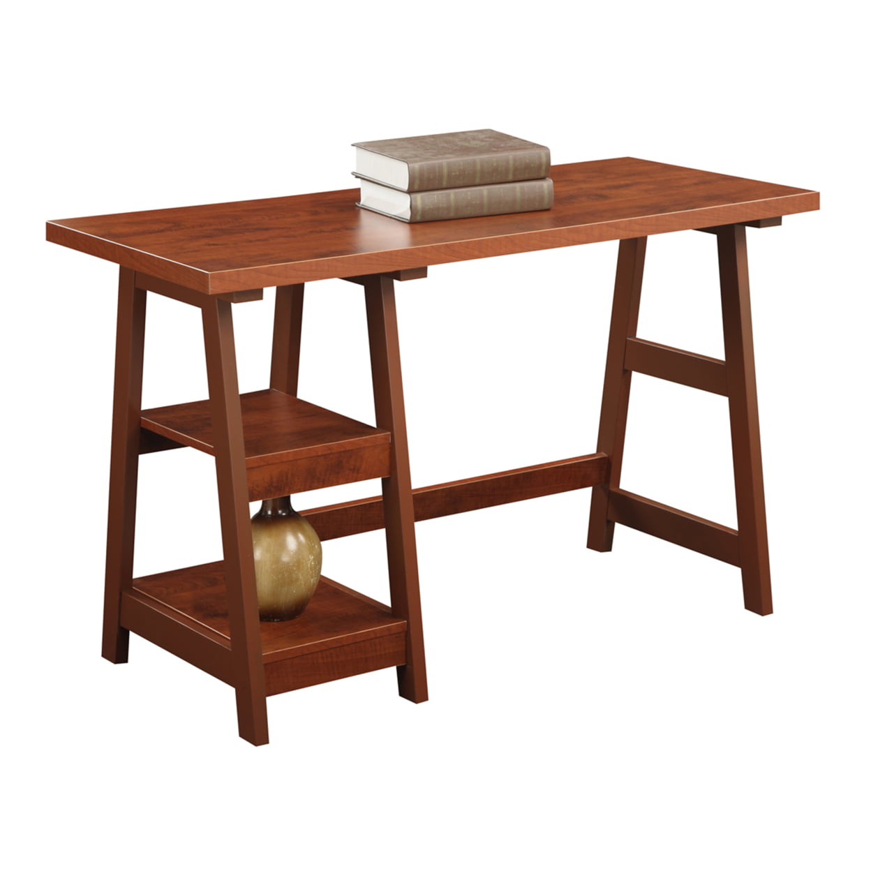 Convenience Concepts Designs2Go Trestle Desk with Shelves. Cherry