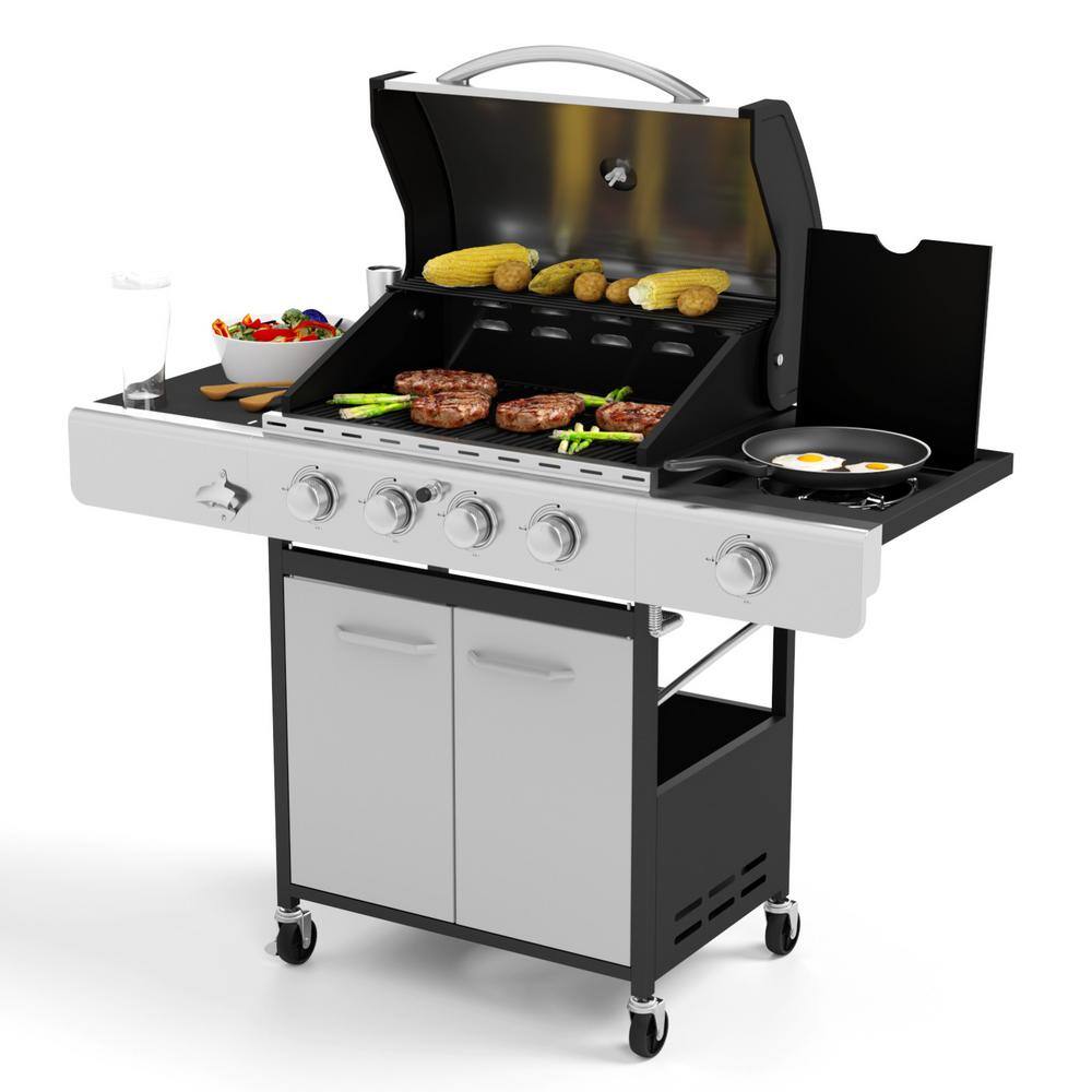 PHI VILLA THD-E02GR001 4-Burner Portable Propane Gas Grill in Stainless Steel with Side Burner and Fixed Side Tables