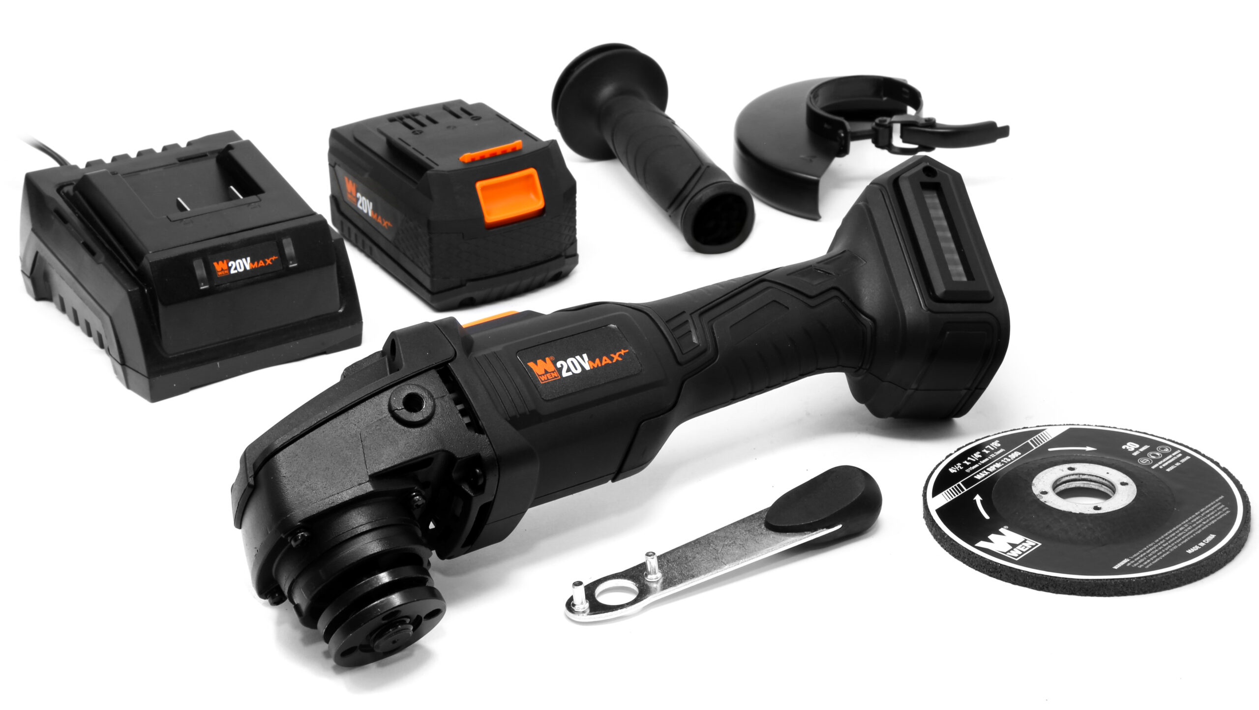 WEN 20V Max Brushless Cordless 4-1/2-Inch Angle Grinder with 4.0Ah Lithium-Ion Battery and Charger